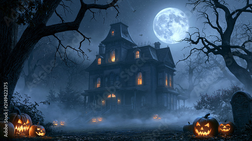 Spooky haunted mansion standing amidst a dark foggy forest landscape captured in high resolution on white background
