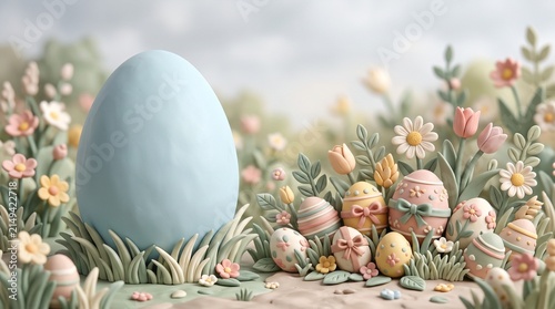 Large blue Easter egg surrounded by smaller decorated eggs and spring flowers