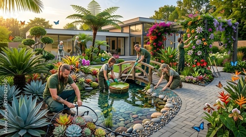 Gardener planting flowers in a landscaped garden