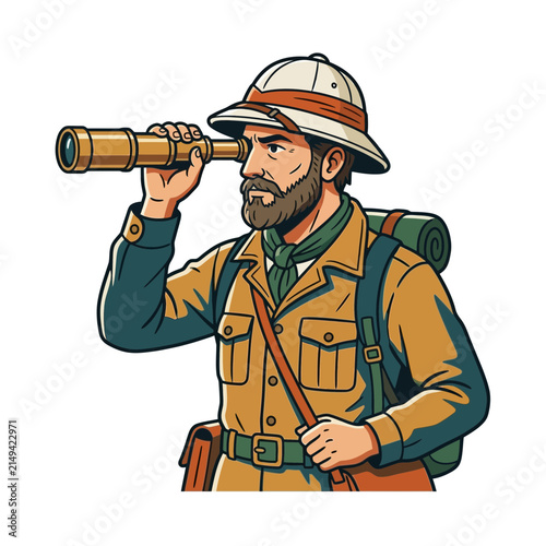A bearded explorer wearing a pith helmet looks through a brass telescope