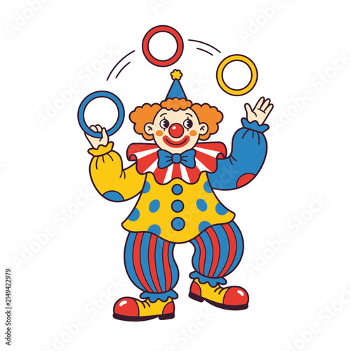 A colorful cartoon clown juggling three bright rings in a cheerful performance