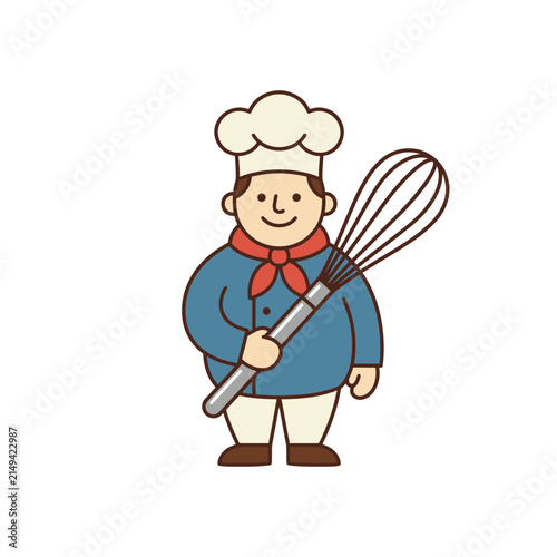 A friendly cartoon chef character holding a kitchen whisk