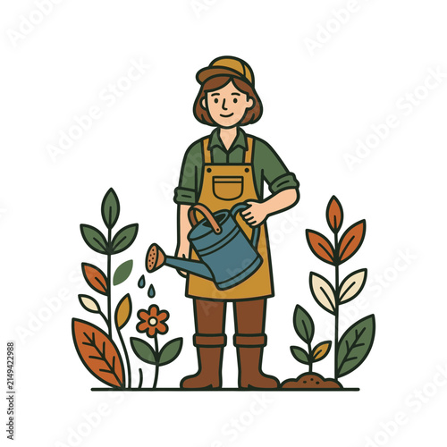 A friendly gardener watering vibrant plants in a peaceful outdoor garden setting