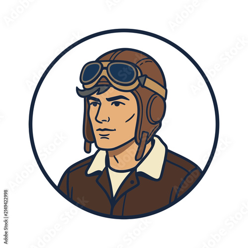 A stylized illustration of a vintage aviator wearing a leather flight helmet and goggles
