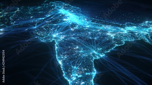 Abstract illustration of illuminated network connections over a landmass
