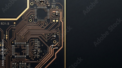 Close up of a circuit board surface with intricate traces with integrated circuit