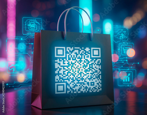 Shopping bag with QR code, over retail futuristic environment shopping background