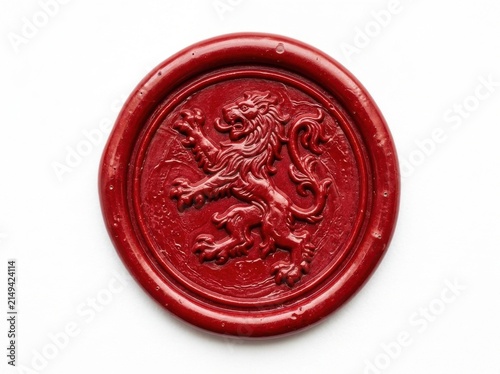 Red wax seal with a lion emblem isolated on white background