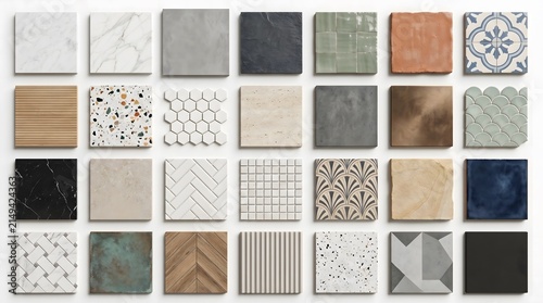Set of various square ceramic tiles with different patterns