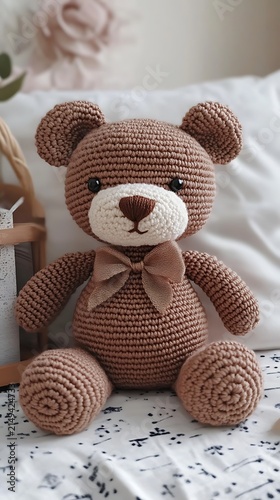 Handmade crochet teddy bear with bow tie soft toy for nursery decor gift for baby shower