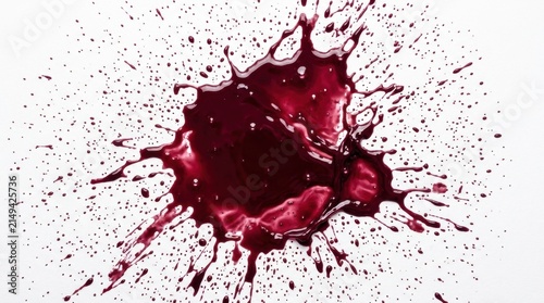 Abstract deep red wine or blood splash isolated on white background with dynamic fluid splatter, glossy droplets, liquid stain blot and creative artistic texture for graphic design elements.