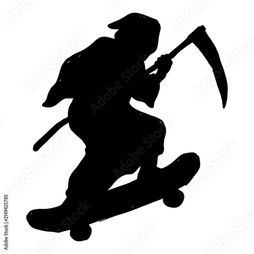 Photography Silhouette of a grim reaper skateboarding while holding a scythe representing a dynamic and modern take on death