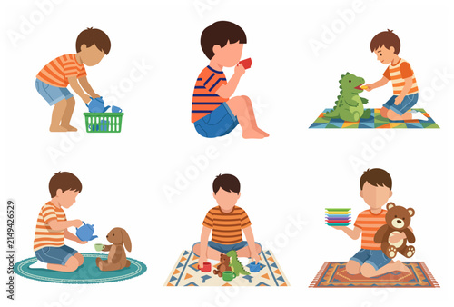 Set of Flat Vector Illustrations of a Cute Little Boy Playing with Toys, Cleaning Up, and Having a Tea Party with Stuffed Animals