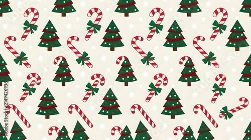 Christmas tree and candy cane pattern with merry christmas festive design for winter holiday background