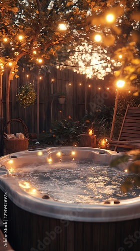 Luxury backyard hot tub relaxation at dusk with string lights and cozy ambiance