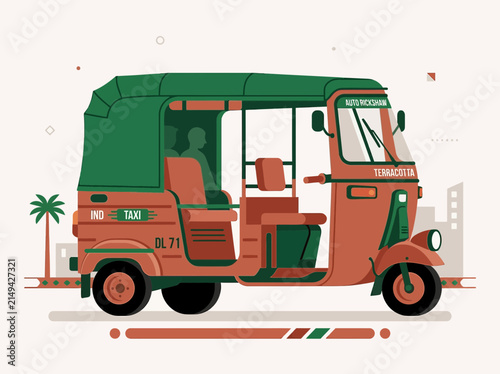 Foto Illustration of a green and orange auto rickshaw tuktuk vehicle on a light background
