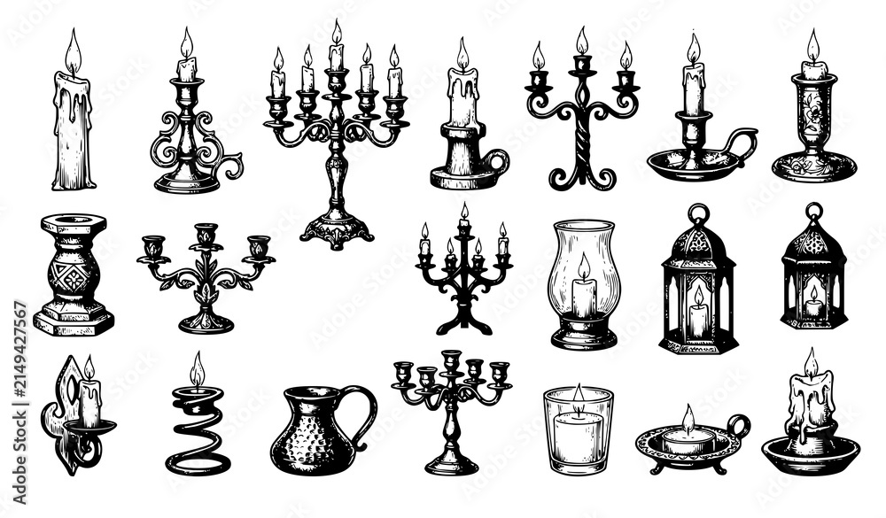 Fototapeta premium Retro Burning Candle and Antique Candelabra Clipart Collection Hand Drawn Vintage Vector