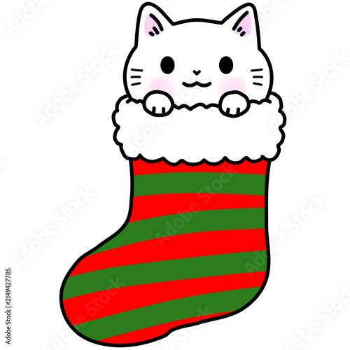 A cute white cat sitting inside christmas stocking with red and green stripes festive holiday illustration, Xmas cartoon element for decoration