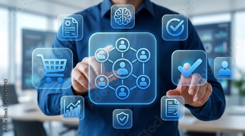 Procurement Command Center with Large Holographic Supplier Network, Vendor Management, Purchase Orders, Procurement Analytics and Enterprise Purchasing Automation Technology