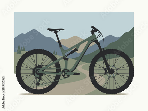 Modern full suspension mountain bike illustration in a clean vector style.