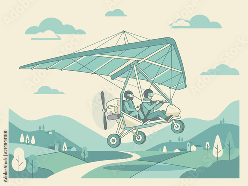 Bild auf Leinwand Motorized hang glider with two pilots flying in the sky.