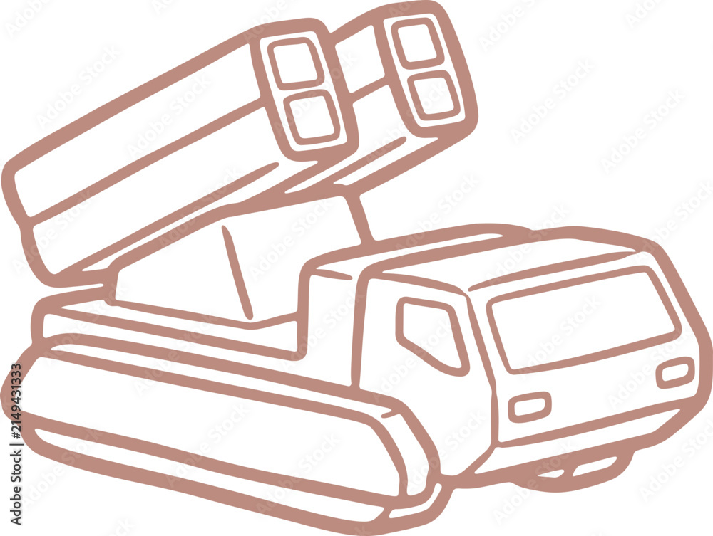 Obraz premium Modern Military Multiple Rocket Launcher Vehicle Standing Ready for Tactical Defense Operations in Vector Doodle Outline.
