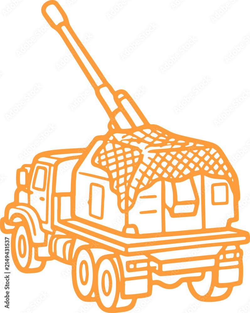 Obraz premium Modern Military Self-Propelled Artillery Vehicle Equipped with Camouflage Net, Doodle Line Art for Tactical Operations