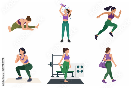 Принти на полотні Set of flat illustrations featuring a woman engaged in various fitness activities including stretching, running, squatting, and gym workouts for a healthy lifestyle