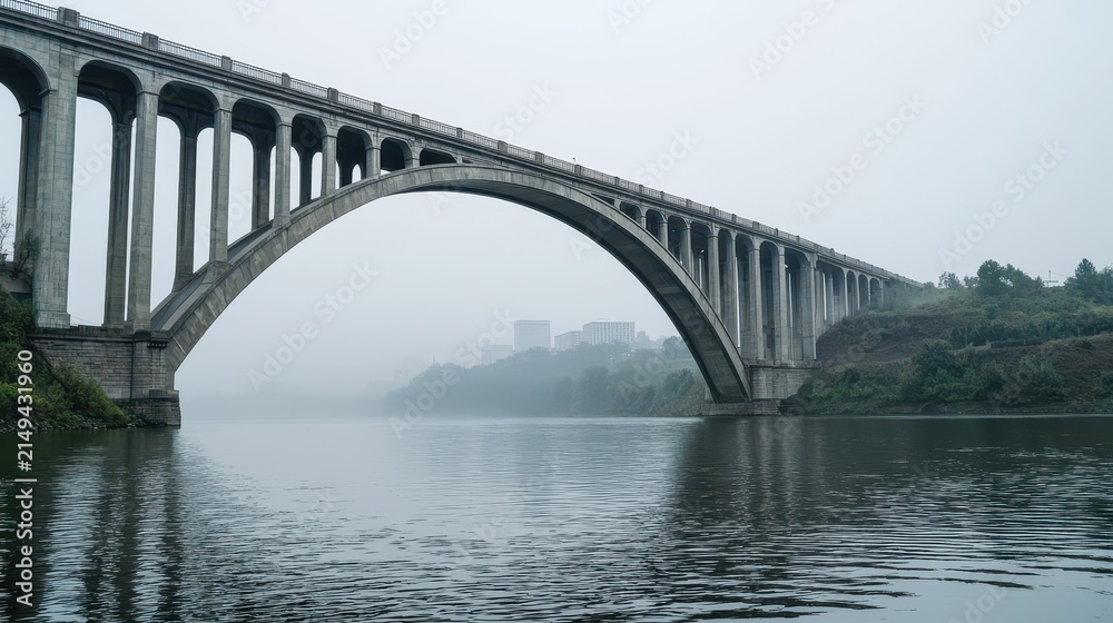 Fototapeta premium Majestic arch bridge reflected in calm waters on a foggy day with urban skyline in the background