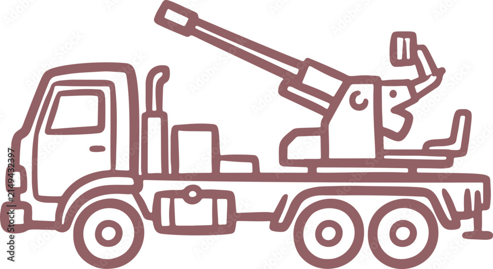 Obraz premium Hand-drawn Military Truck Equipped with Anti-Aircraft Gun Ready for Air Defense in Doodle Style Vector Illustration.