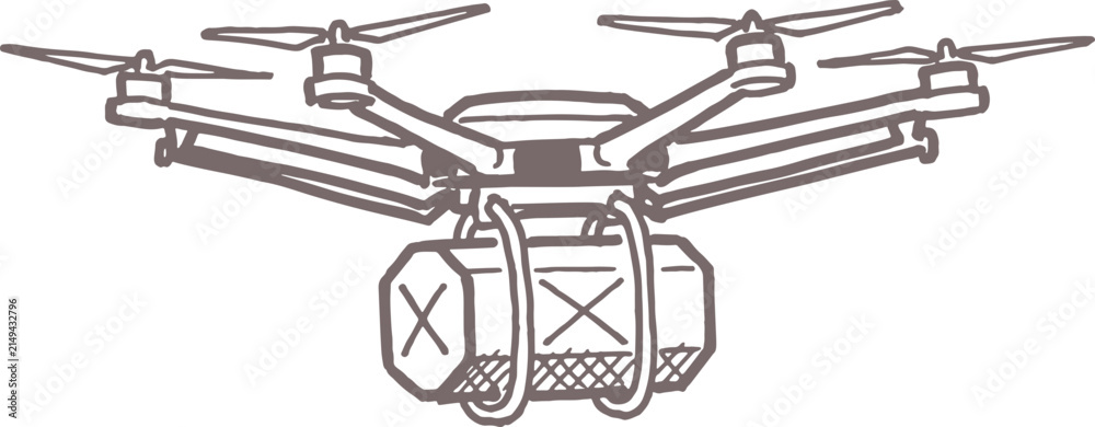 Obraz premium Hand-drawn vector doodle of a modern tactical drone flying, carrying an important package, illustrating military logistics concept.