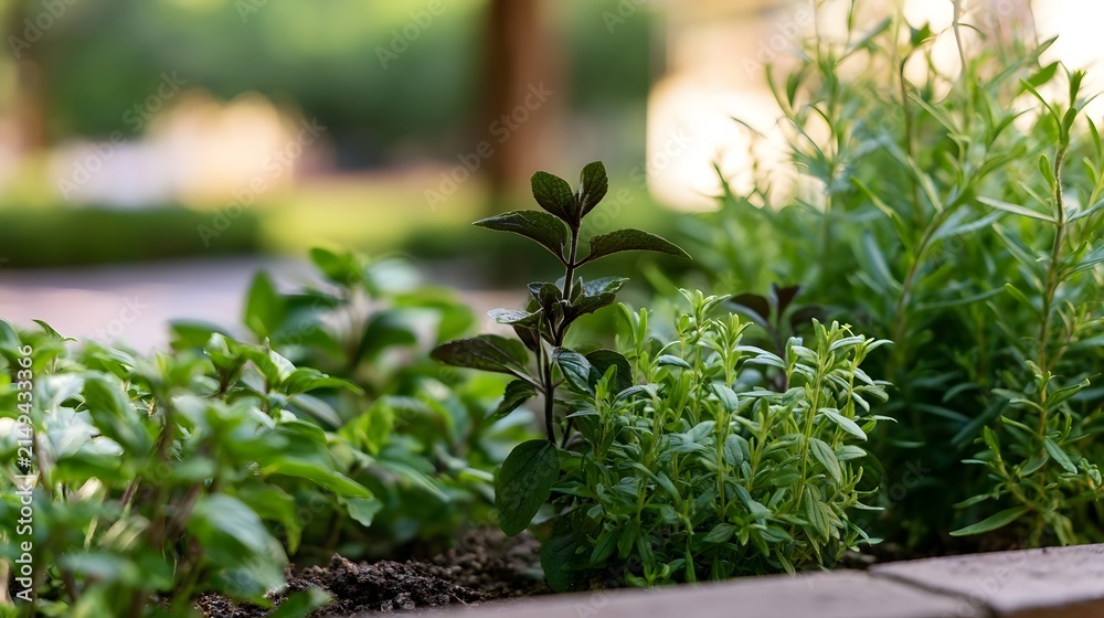 Obraz premium Fresh green herbs growing in a garden bed under soft natural light with blurred background foliage