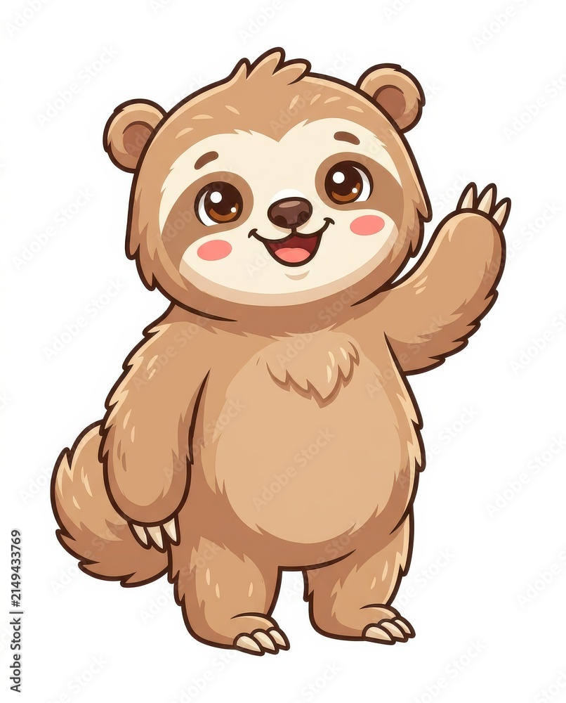 Fototapeta premium Cute cartoon sloth character waving hand on white background