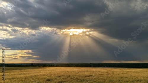 Sun rays piercing dark clouds over a peaceful field, providence and hope concept