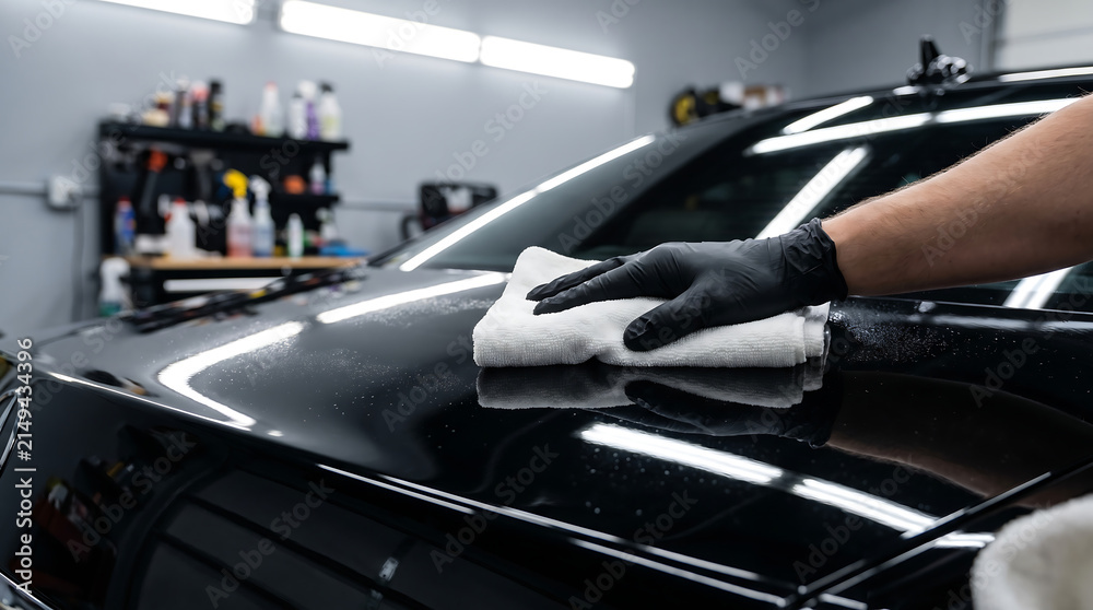 Naklejka premium Professional Car Detailing and Ceramic Coating Service with Microfiber Cloth, Auto Paint Protection, Luxury Vehicle Cleaning, Automotive Care, High Gloss Finish and Premium Maintenance