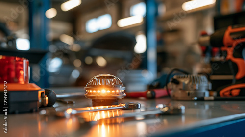 LED headlight bulb displayed on a bright workbench in an automotive workshop, vehicle lighting upgrade concept, driving safety, car maintenance, professional replacement part,