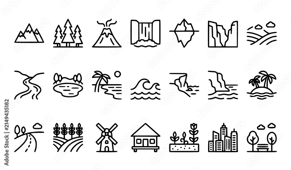 Fototapeta premium World landscape line icons featuring mountains forest volcano river lake beach desert waterfall iceberg city countryside and nature