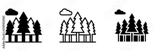 Pine forest vector icon set, fir tree woods landscape symbol for outdoor nature wilderness national park camping hiking adventure timber ecosystem environment, flat linear outline style