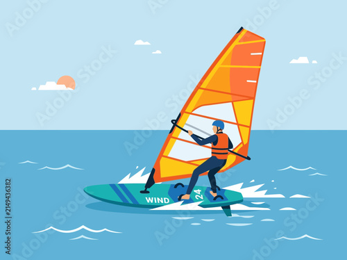 Obraz na plátne Professional windsurfer riding waves with orange sail and blue board illustration