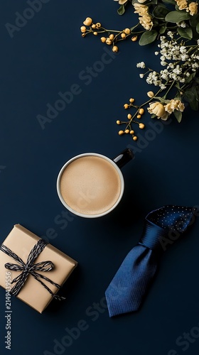 Father's day flat lay featuring coffee gift box necktie and floral arrangement on dark navy backdrop
