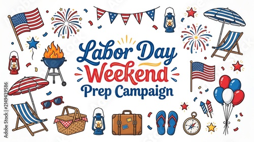 Labor Day Weekend Prep Campaign Illustration with Hand Drawn American Holiday BBQ Picnic Beach and Summer Travel Icons