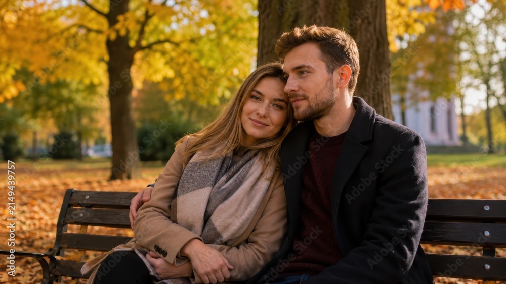 Fototapeta premium Romantischer Herbst in Polen: Ein junges Paar sitzt eng umschlungen auf einer Parkbank zwischen goldenem Laub und genießt ruhige Zweisamkeit, Liebe und gemeinsame Reisezeit.