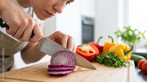 Woman cutting red onion with knife in kitchen, showing tears  