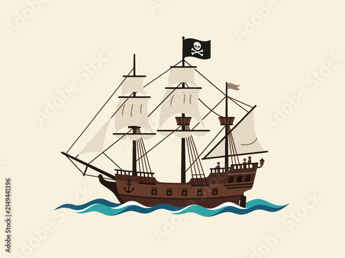 Photography Vintage wooden pirate galleon ship sailing on ocean waves.