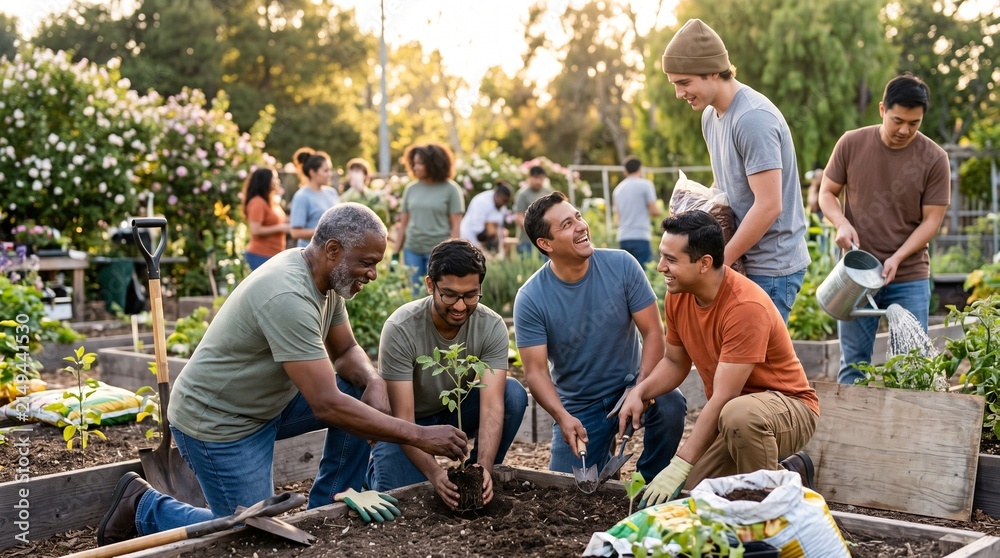 Obraz premium Diverse group of people working together in a community garden planting a seedling