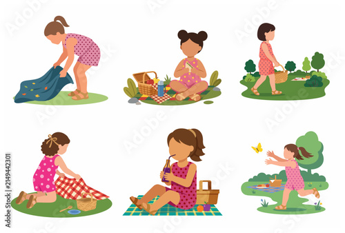 Set of cute little girls enjoying picnic activities in the park vector illustration.