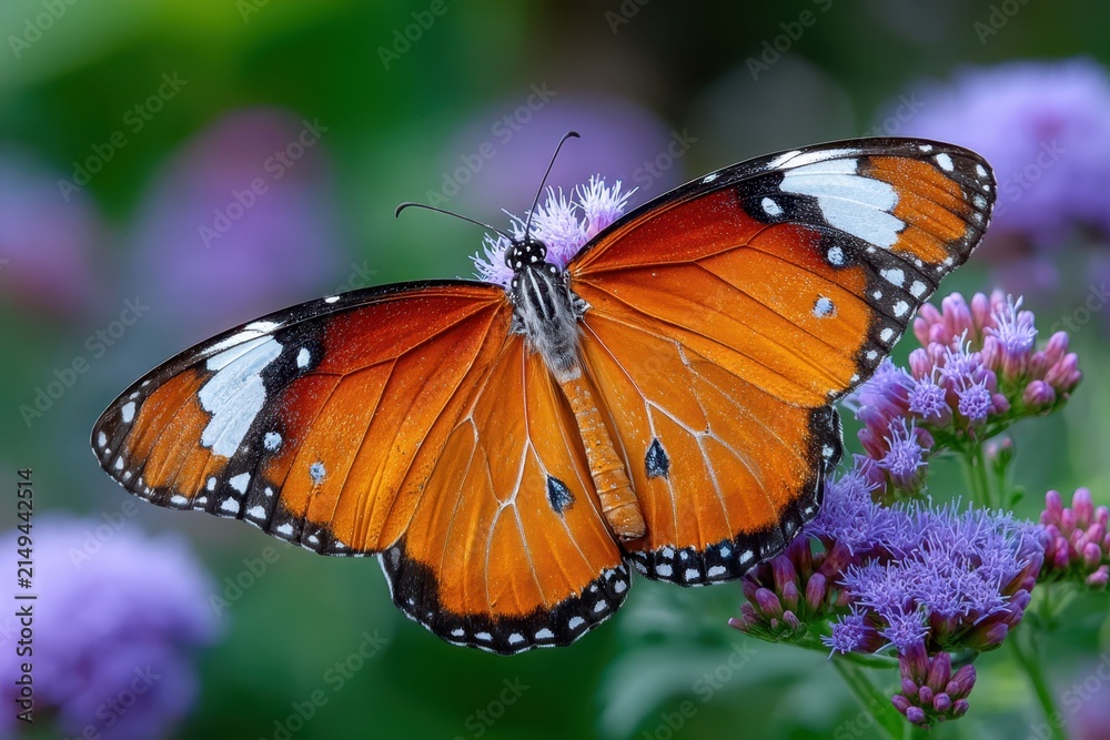 Obraz premium Vibrant Orange Butterfly on Purple Flowers