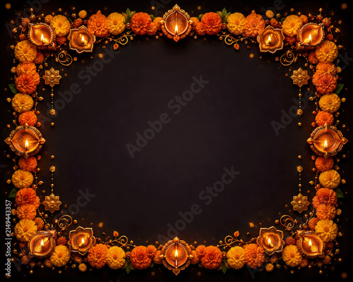 Diwali Marigold Flower Frame with Glowing Diyas and Dark Copy Space