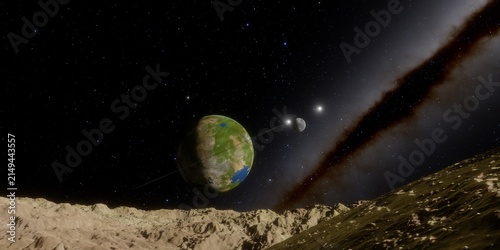 Fotografía Green vegetated exoplanet with moon rising over rocky alien peaks