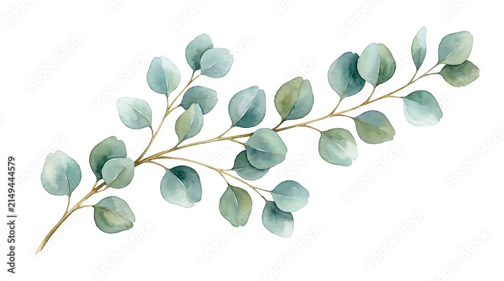 Obraz premium Watercolor of a eucalyptus branch with rounded green leaves on a thin brown stem, isolated on a white background